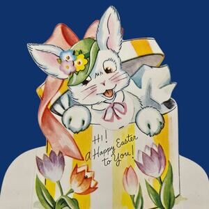 Mechanical Easter A-Meri-Card Vintage Die-Cut Bunny Rabbit in Hat Box Head Moves